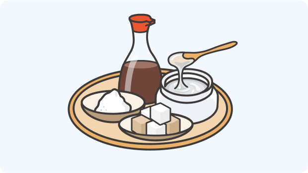 砂糖、水飴、しょうゆ、食塩のイメージ